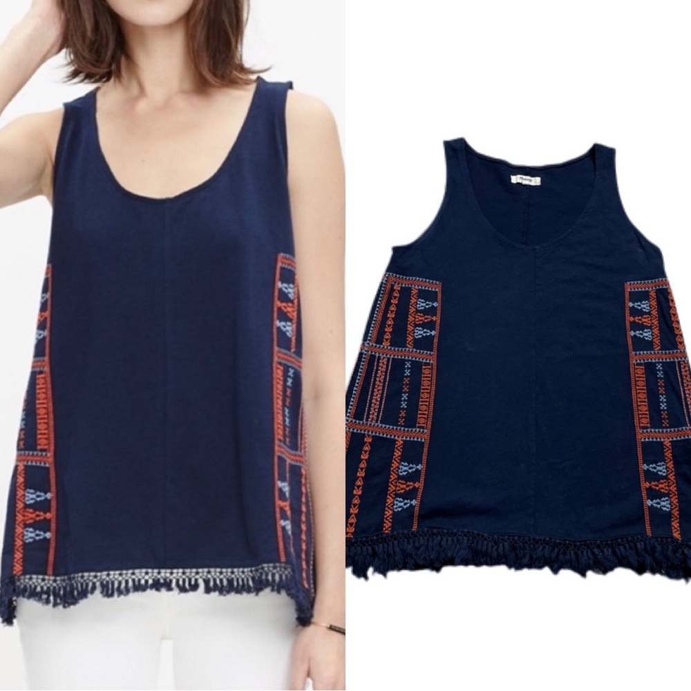 Madewell‎ Navy Blue Rust Embroidery Fringe Tank Top XS